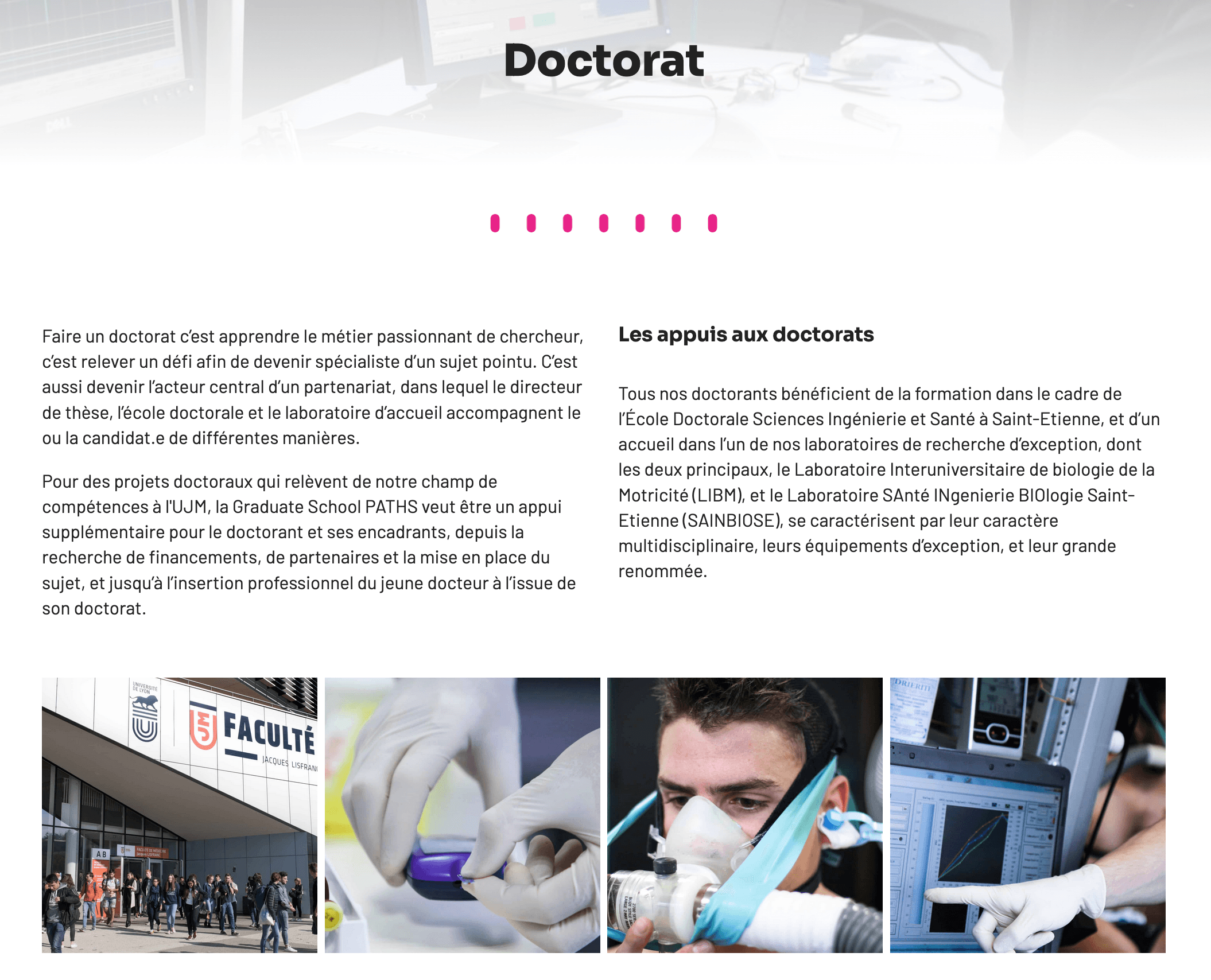 Section doctorat du site GS Paths avec la présentation des laboratoires de recherche