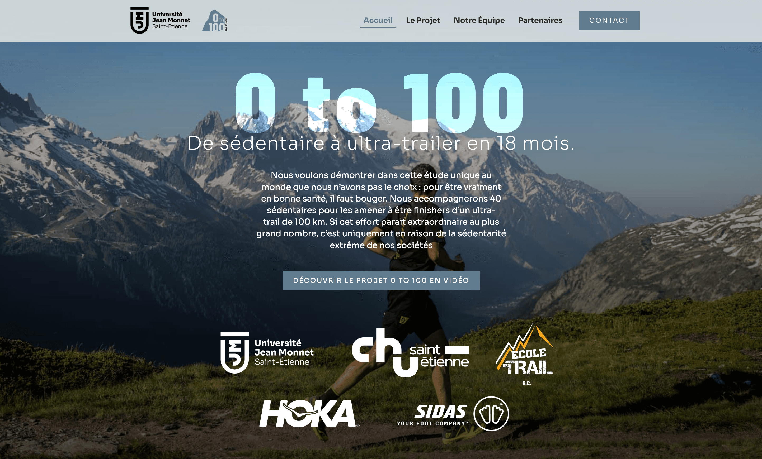 Page d'accueil du site 0 to 100 avec le visuel principal et les logos des partenaires