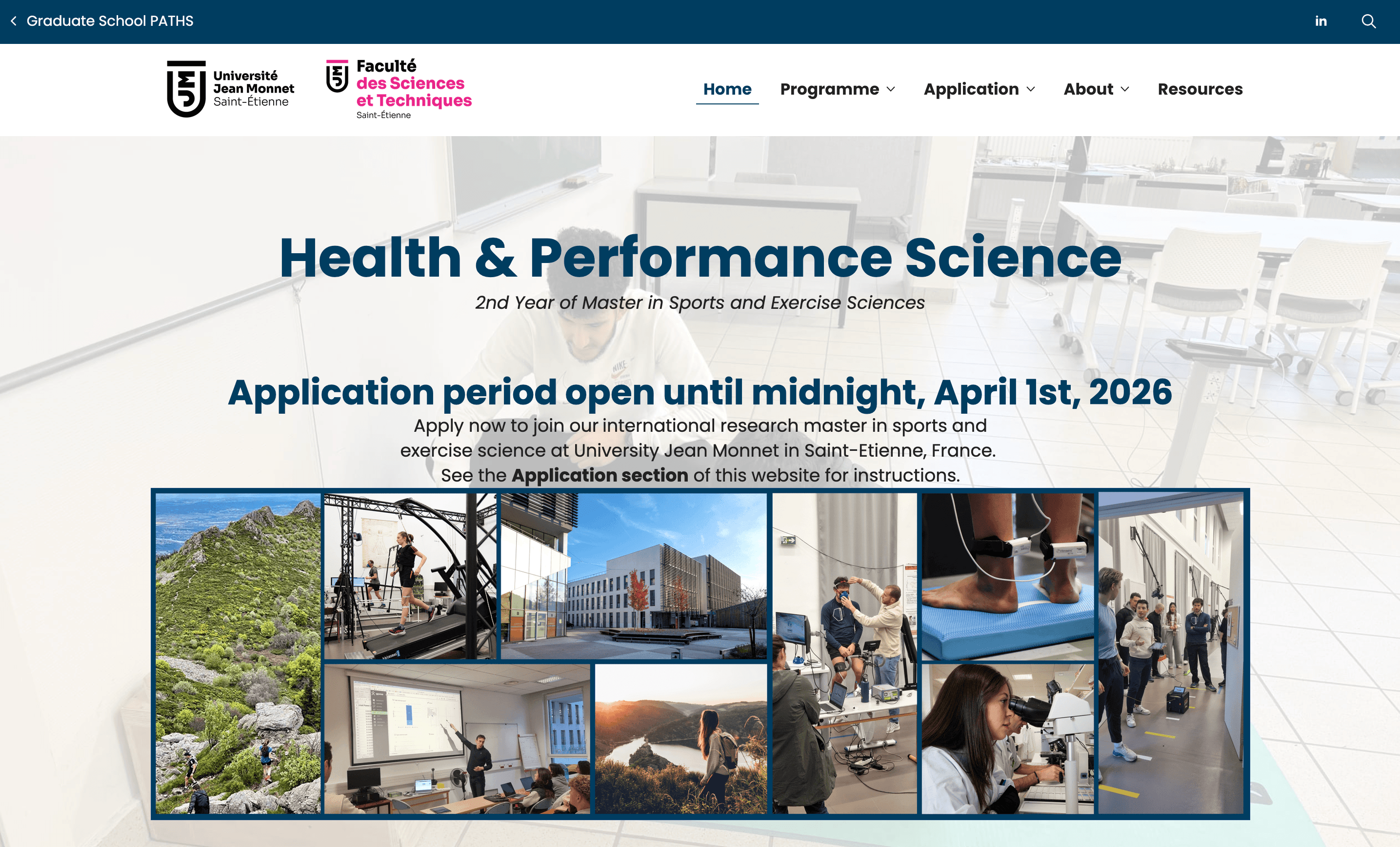Page d'accueil du site Master HPS avec le visuel principal et les informations de candidature