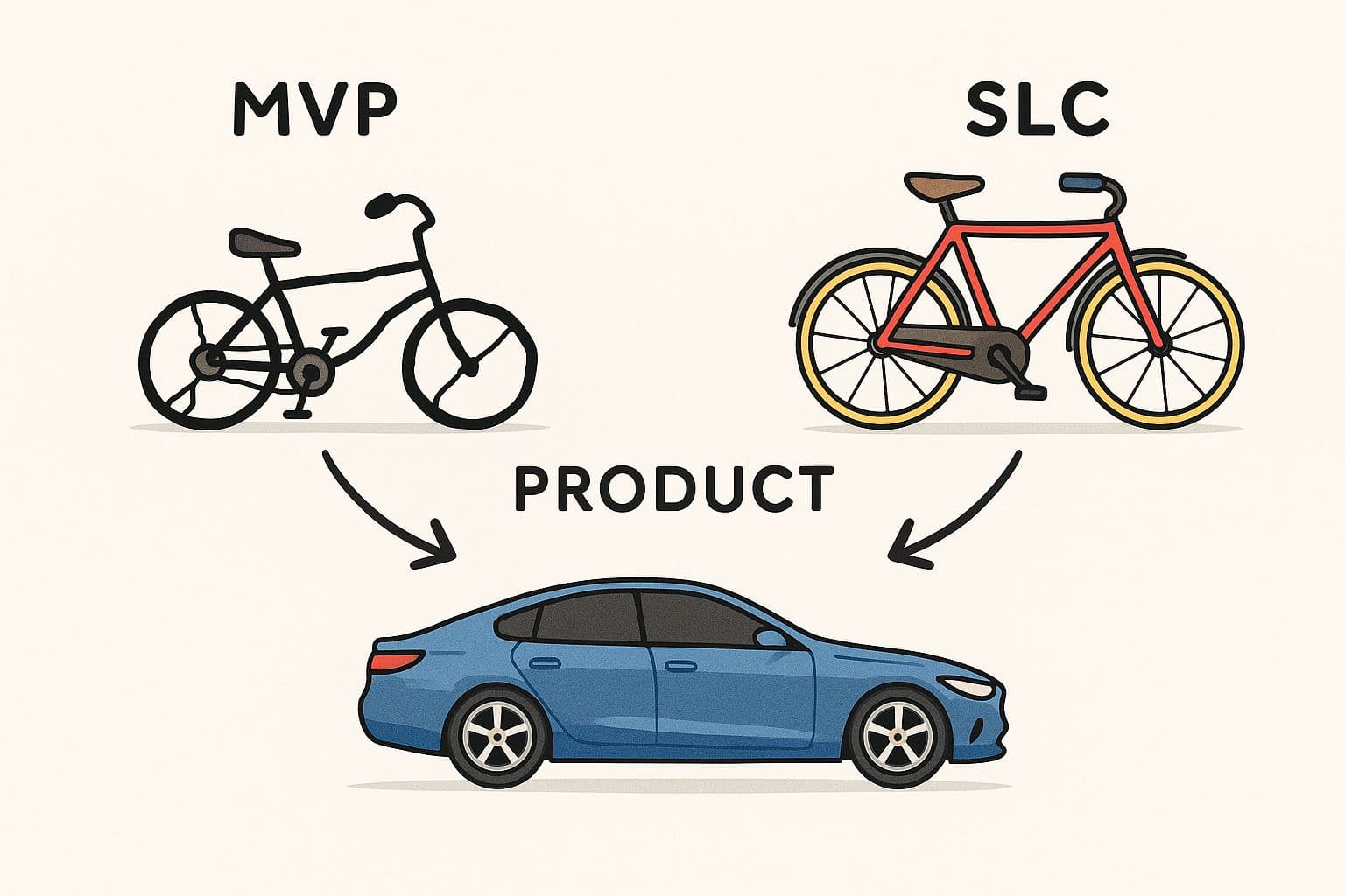 MVP vs SLC: a broken bicycle vs a polished one, both leading to the same final product